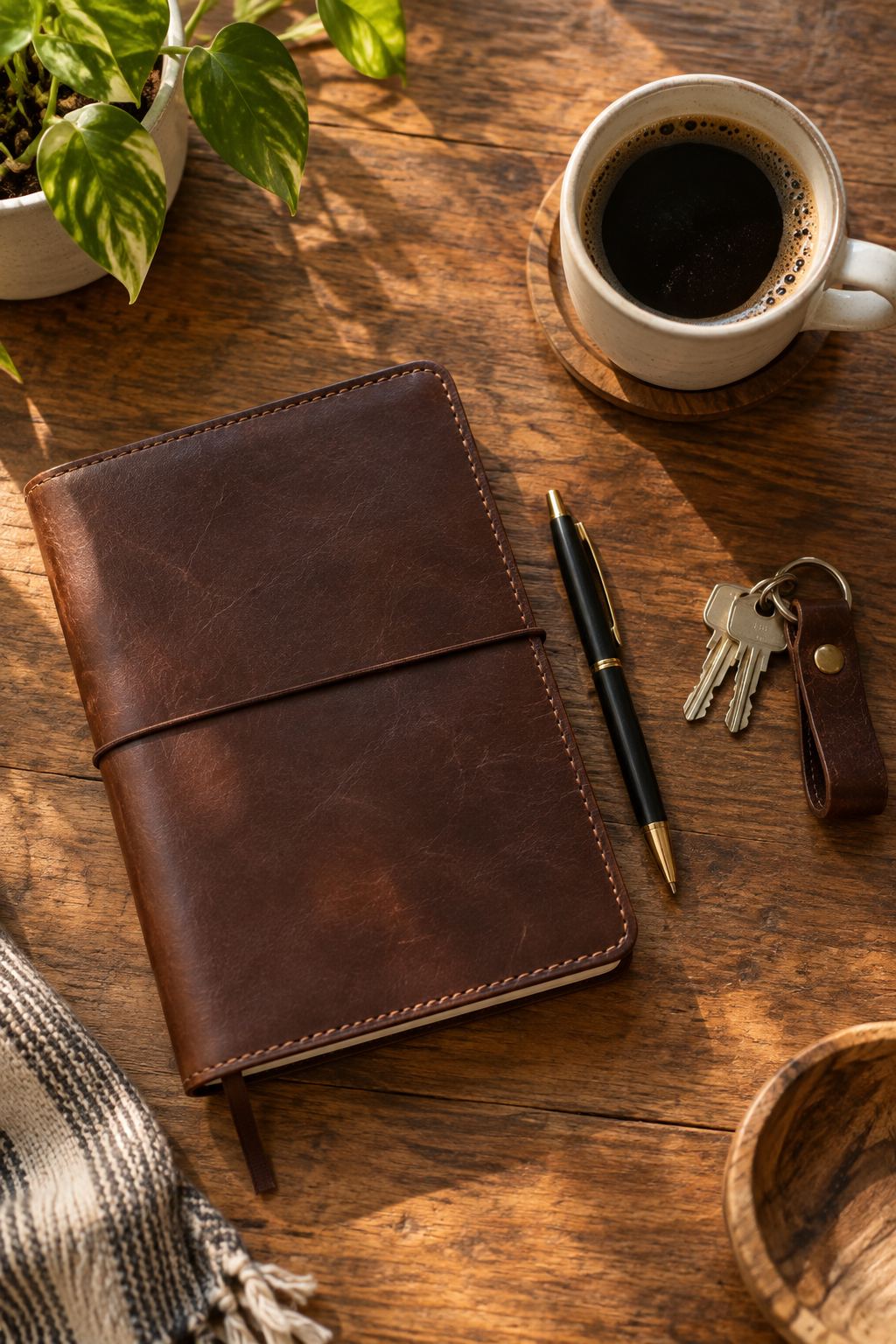 Desk flat-lay, illustrative