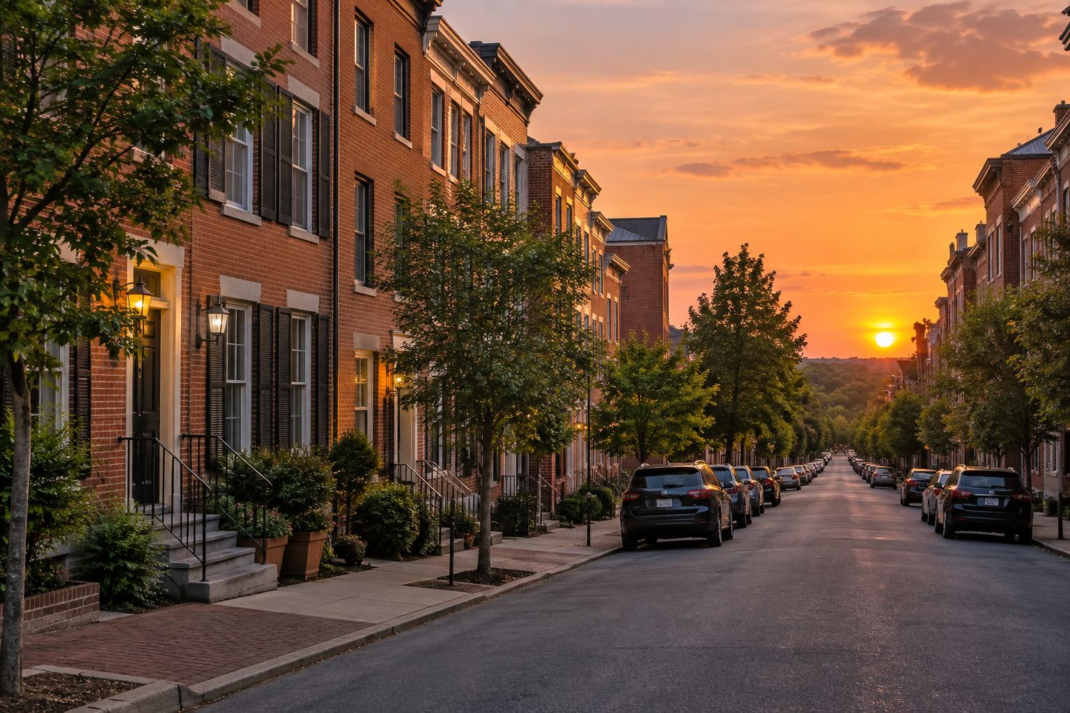 A Washington, DC residential street at sunset, illustrative