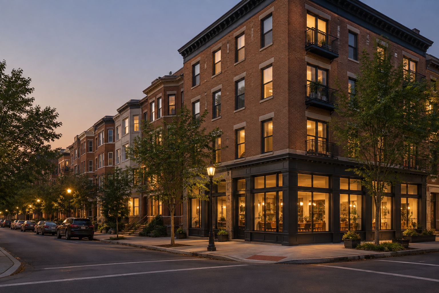 A Washington DC street at dusk, illustrative
